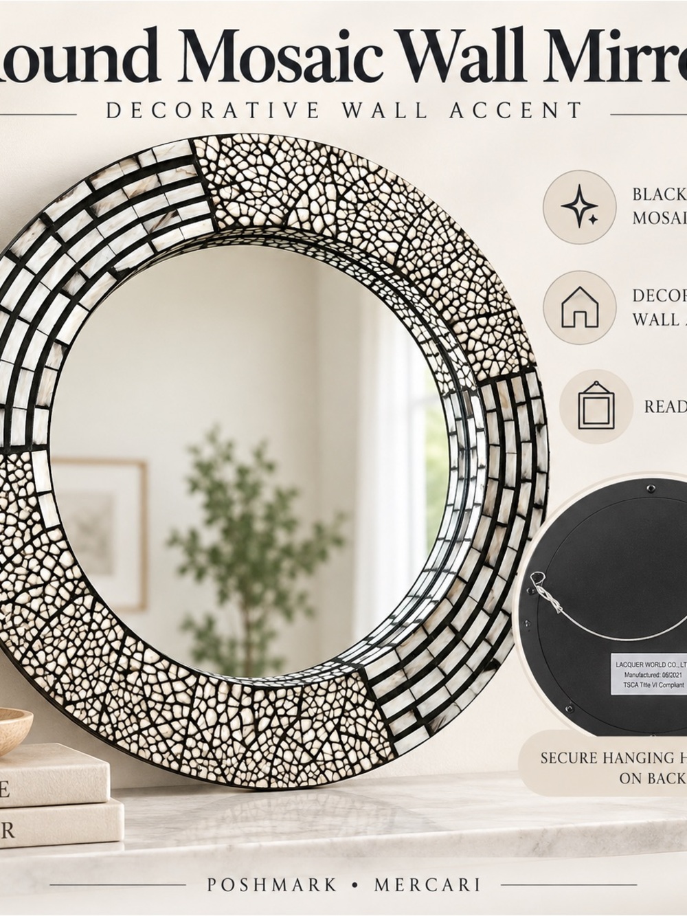 Round Mosaic Wall Mirror - Black and White Decorative Accent